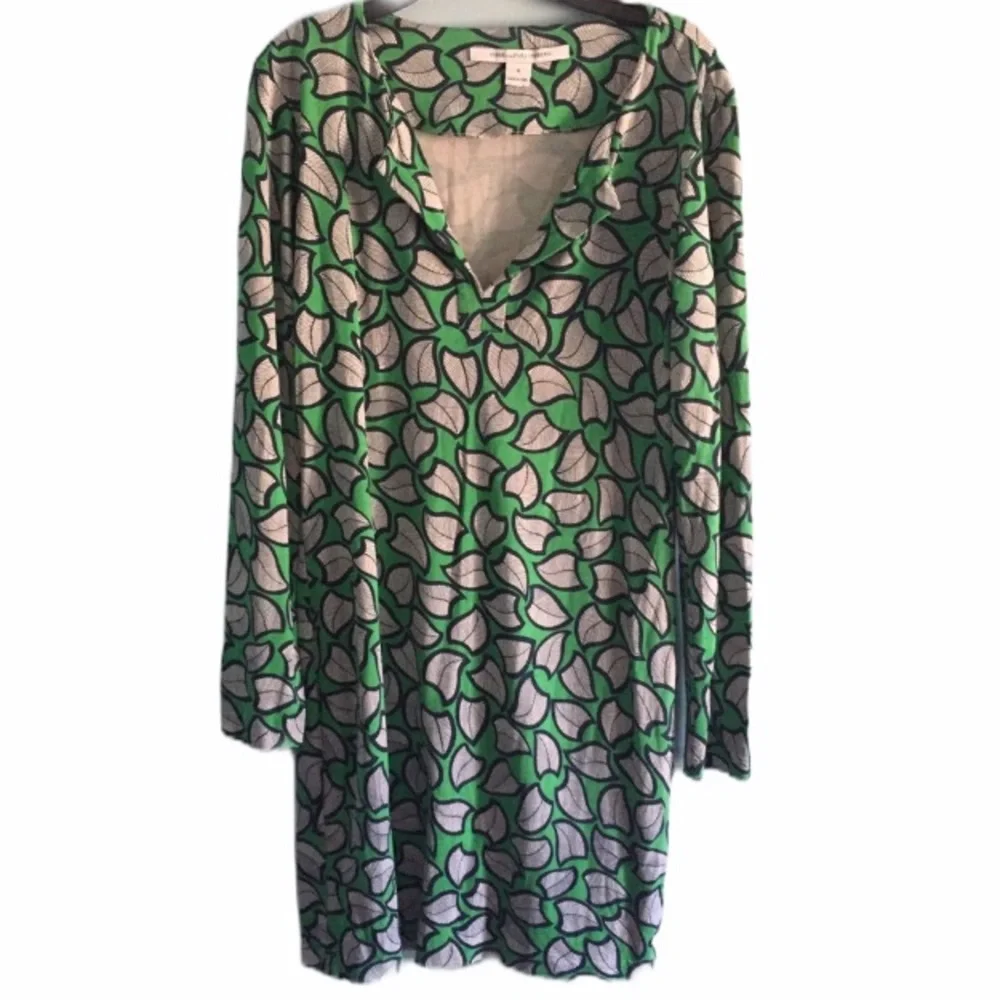 Diane Von Furstenberg DVF Reina Silk Tunic Dress Green Leaf Print Mini Size 6 - Picture 8 of 13